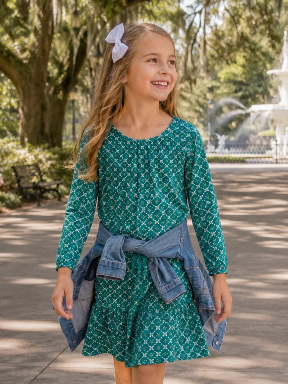 Old Navy Girls Teal Floral Drop Waist Dress Long Sleeve Cotton Modal L 10-12‎